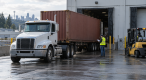 A warehouse receiver checks a container delivery beside a truck and loading dock